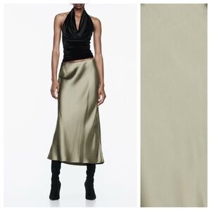 NWT. Zara Light Green Satin Effect Midi Skirt. Size M.